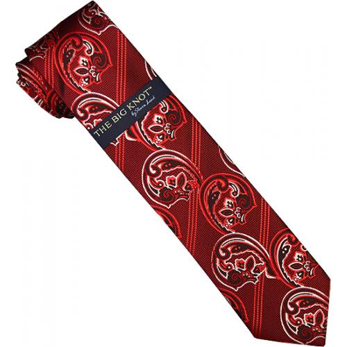 Steven Land Collection "Big Knot" SL069 Red / Black / White Diagonal Paisley Design 100% Woven Silk Necktie/Hanky Set